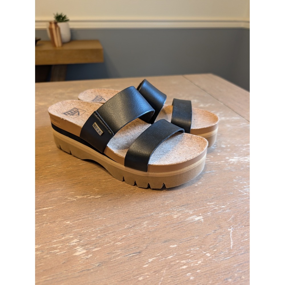 Reef Cushion Vista Hi Black Tan Platform Double Strap Slide Sandals Size 7